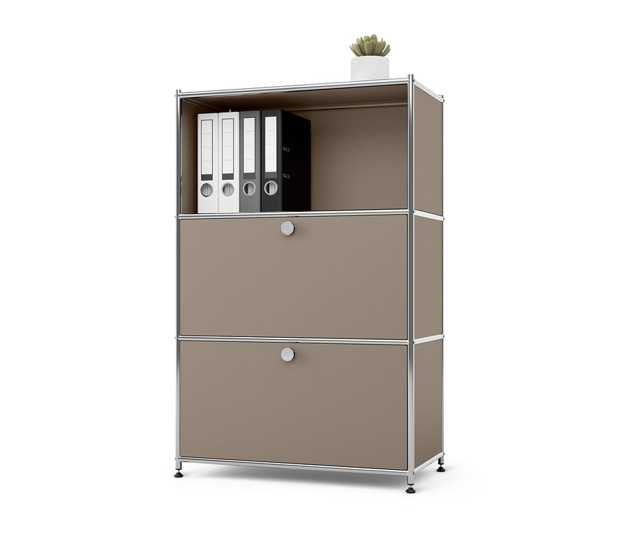 Taupefarbene Kommode Metall »CN3« mit 2 Klappenfächern und Beistelltisch Metall »CN3« mit 2 Klappenfächern.