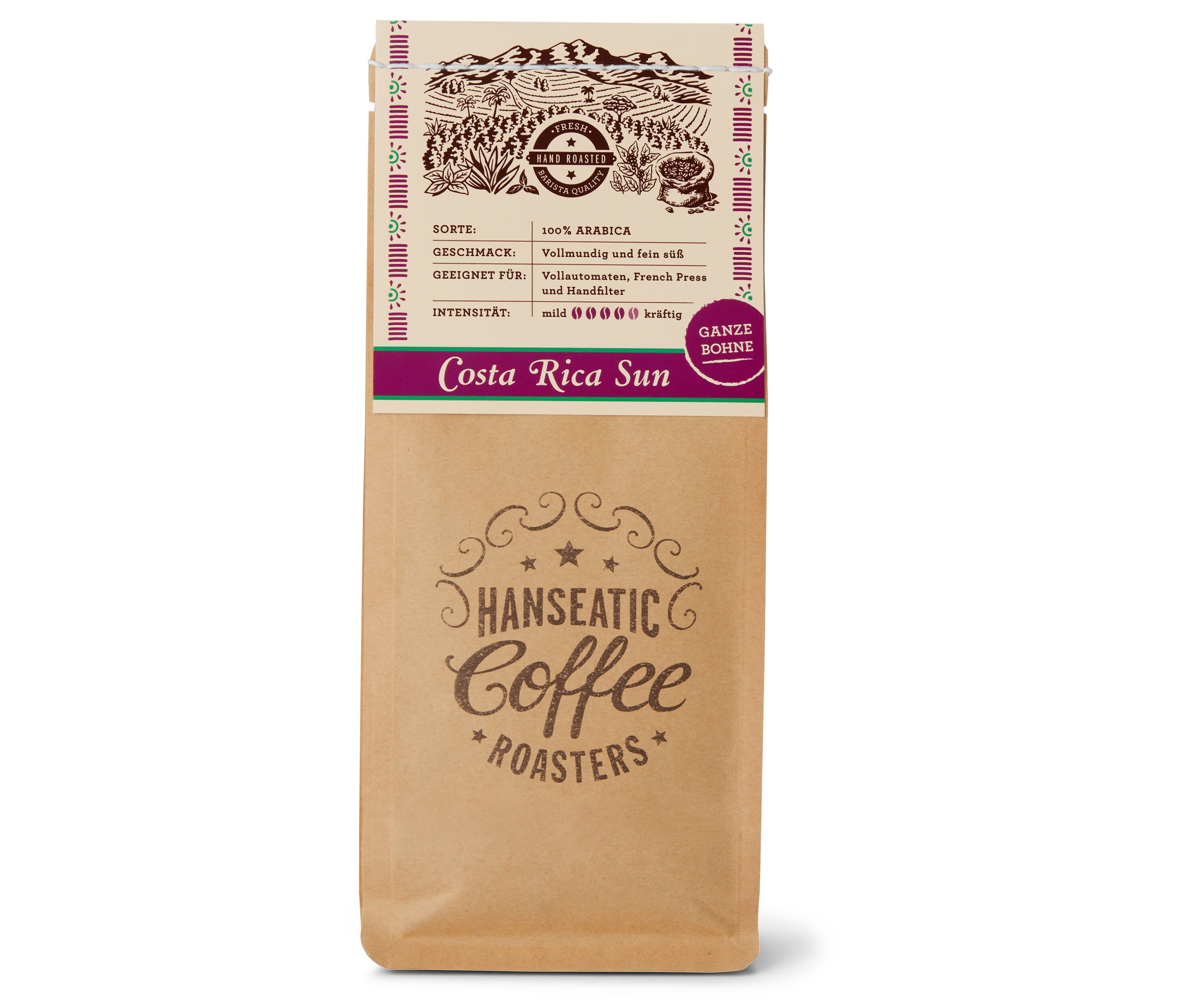 Eine Packung Hanseatic - Costa Rica Sun Filterkaffee - 250 g Ganze Bohne.
