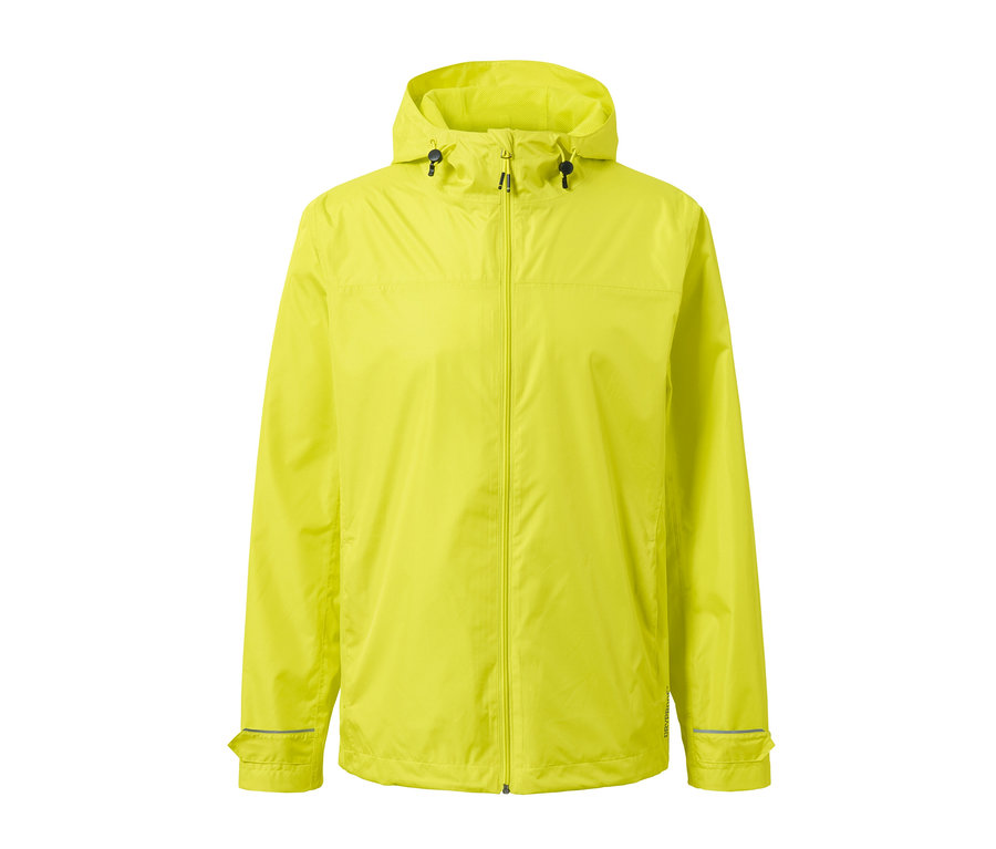 Eine Unisex-Regenjacke in Lime mit Reißverschluss und Kapuze.