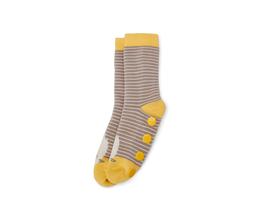Zwei Paar Kinder-Antirutsch-Socken mit braunen und weißen Streifen und gelber Spitze.