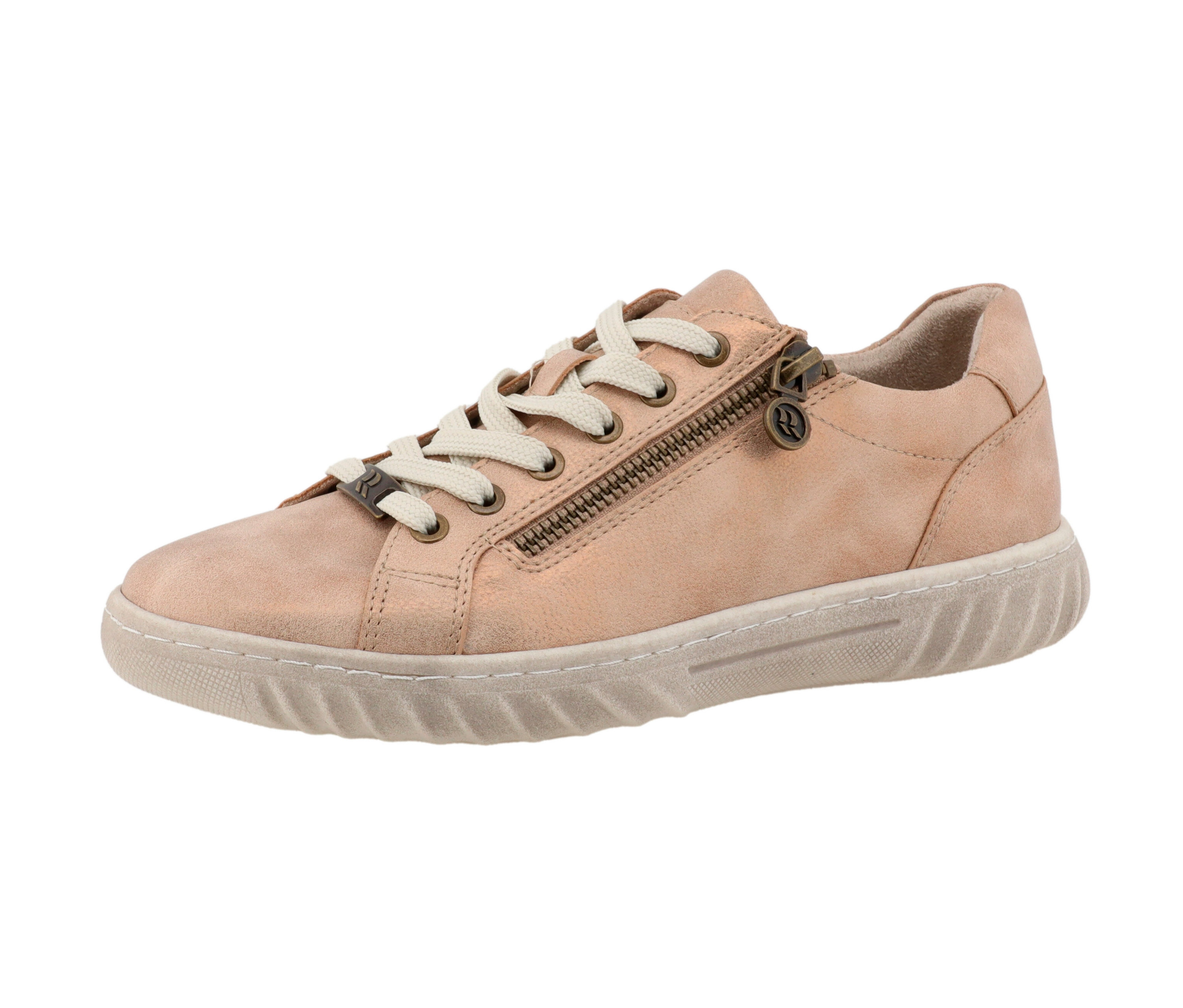 Nahaufnahme eines Romika Sneakers, PU bronze, mit Schnürsenkeln und Reißverschluss.