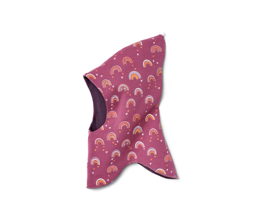 Lila Kinder-Wende-Schlupfmütze mit Regenbogenmuster.