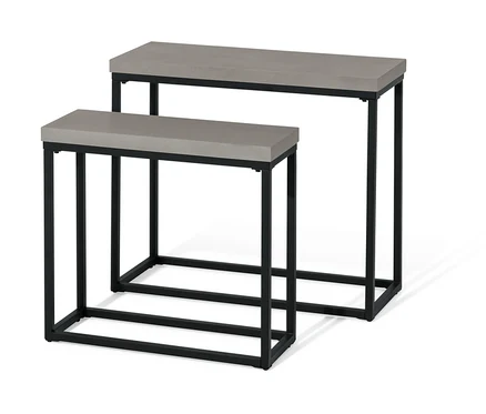 Konsolentisch-Set mit Polyzement-Tischplatte und schwarzem Rahmen.
