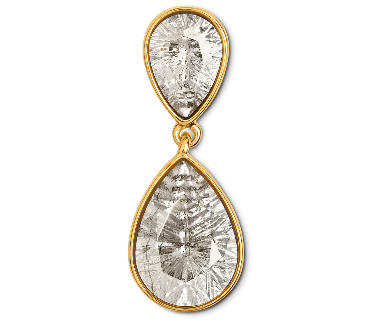 Ohrring mit zwei klaren, goldgerahmten Tropfen.