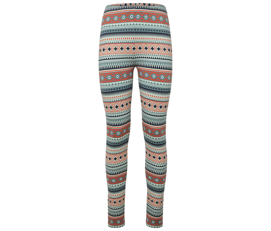 Gemusterte Leggings mit geometrischen Formen in Orange, Blau und Weiß.