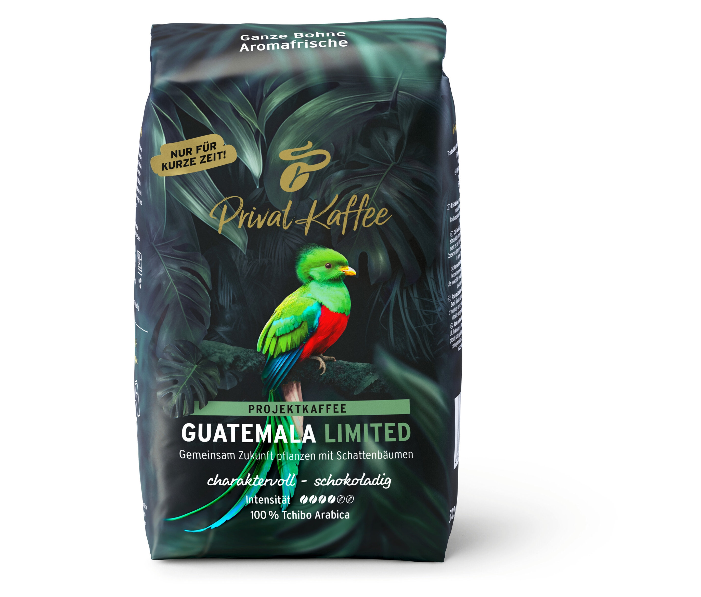 Eine Packung Tchibo Guatemala Limited Kaffeebohnen mit einer Abbildung eines Quetzal-Vogels.
