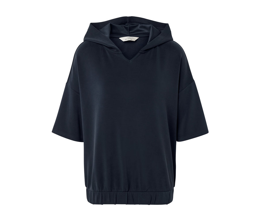 Dunkelblauer Hoodie aus Modal-Mix mit kurzen Ärmeln.