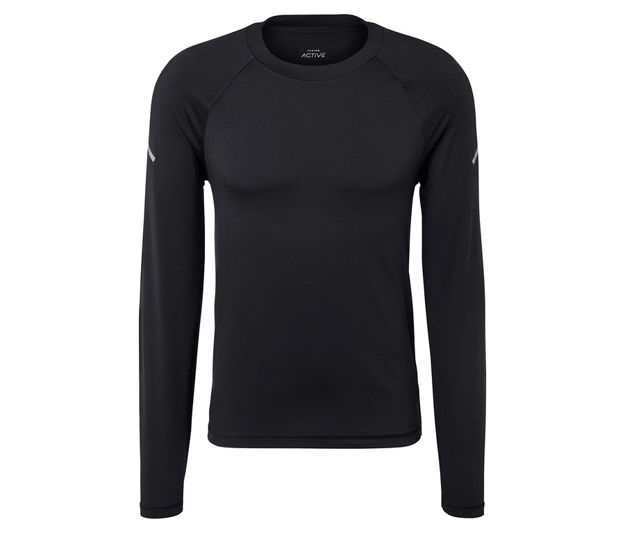 Schwarzes Langarmshirt auf weißem Hintergrund.