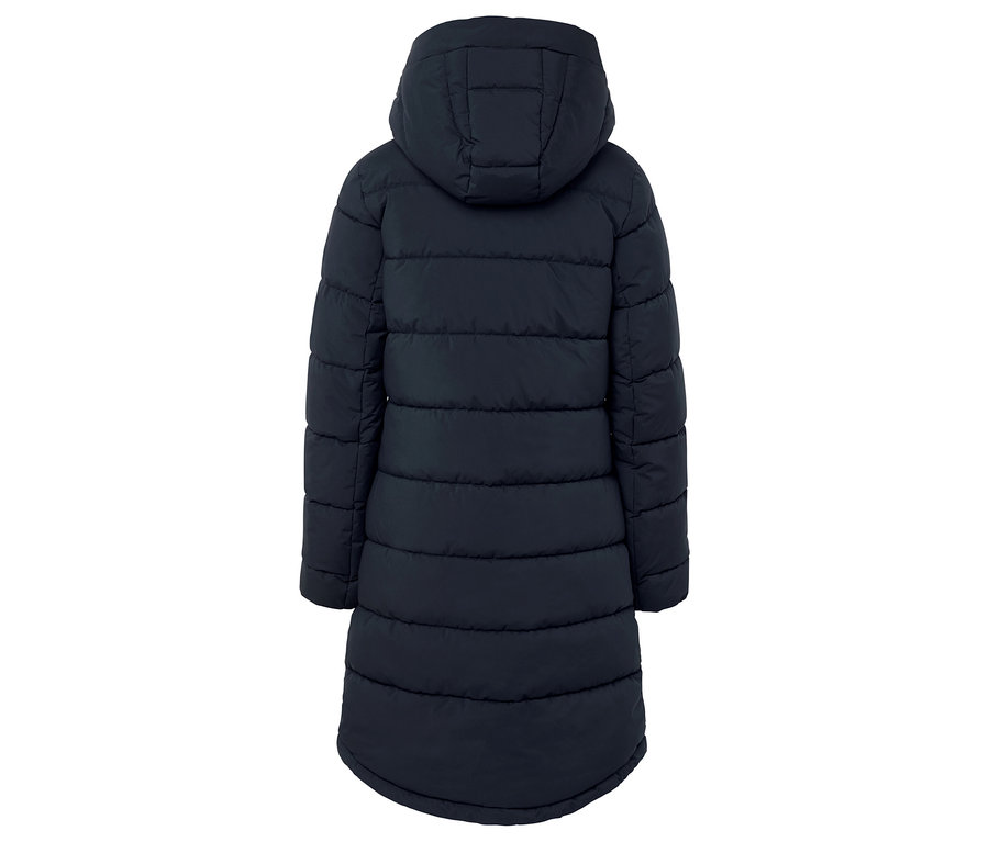 Dunkelblaue Steppjacke mit Kapuze, von hinten gesehen.