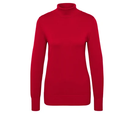 Ein roter Rollkragenpullover mit langen Ärmeln auf weißem Hintergrund.