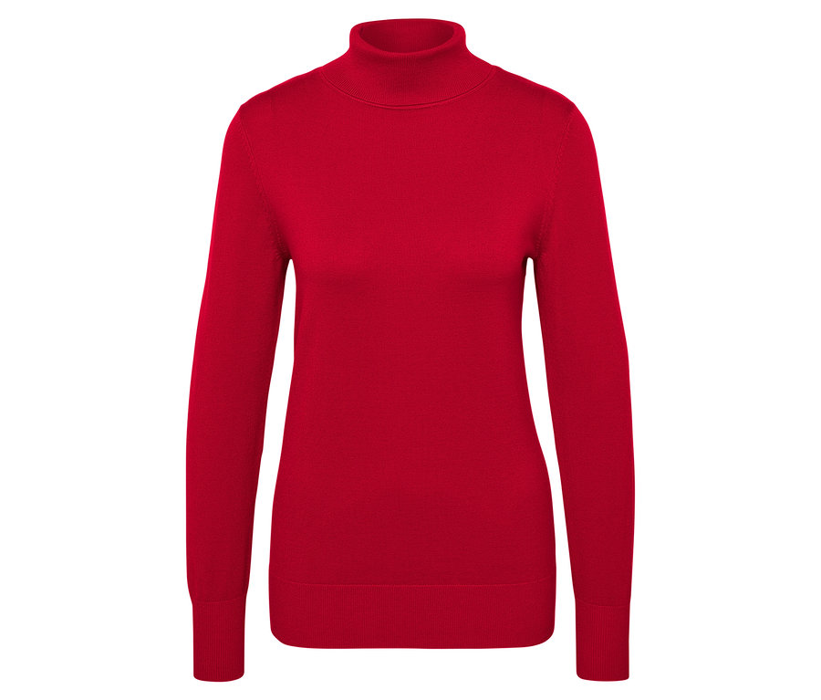 Ein roter Rollkragenpullover mit langen Ärmeln auf weißem Hintergrund.