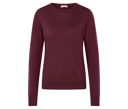 Dunkelroter Merino-Feinstrickpullover.