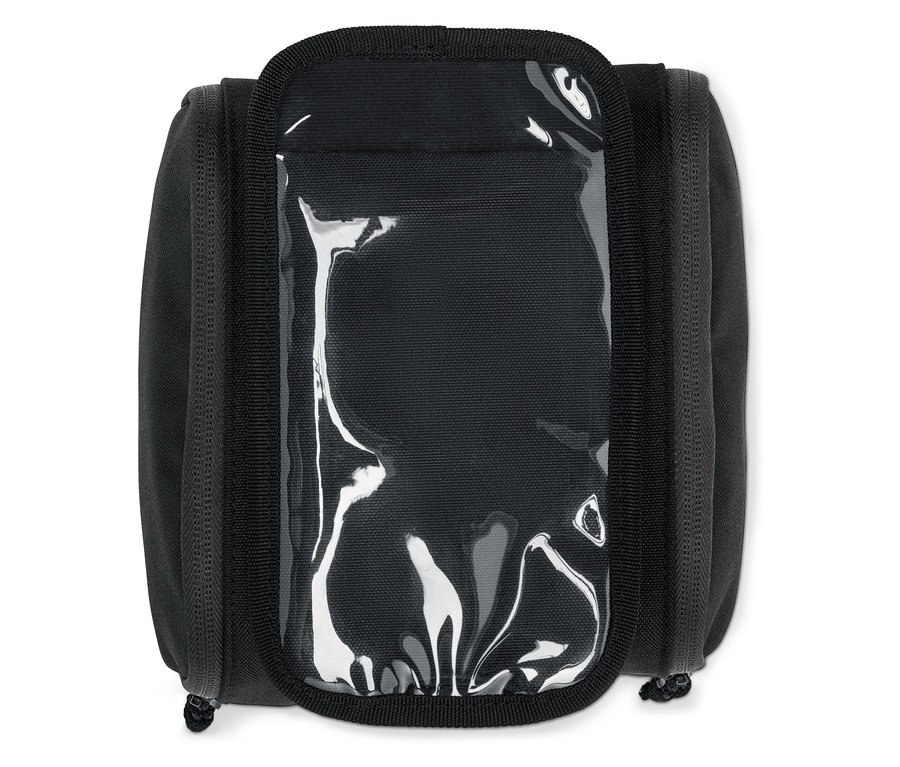 Schwarzer Kulturbeutel mit einem transparenten Fenster in der Mitte.