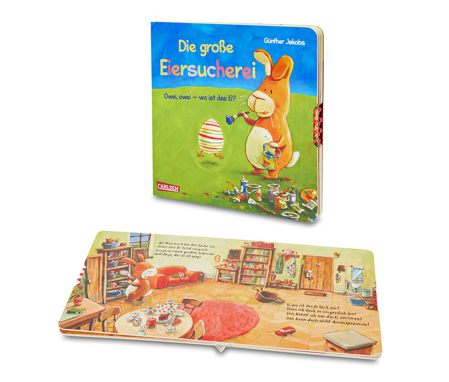 Das geöffnete Buch »Die große Eiersucherei« ist im Bild.