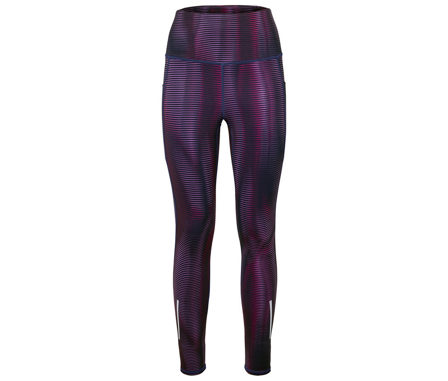 Violett-schwarze Leggings mit horizontalen Streifen.