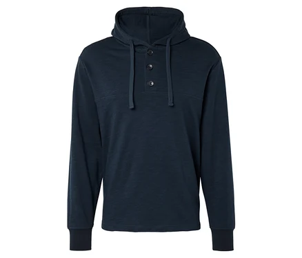 Dunkelblaues Kapuzensweatshirt mit drei Knöpfen auf weißem Hintergrund.