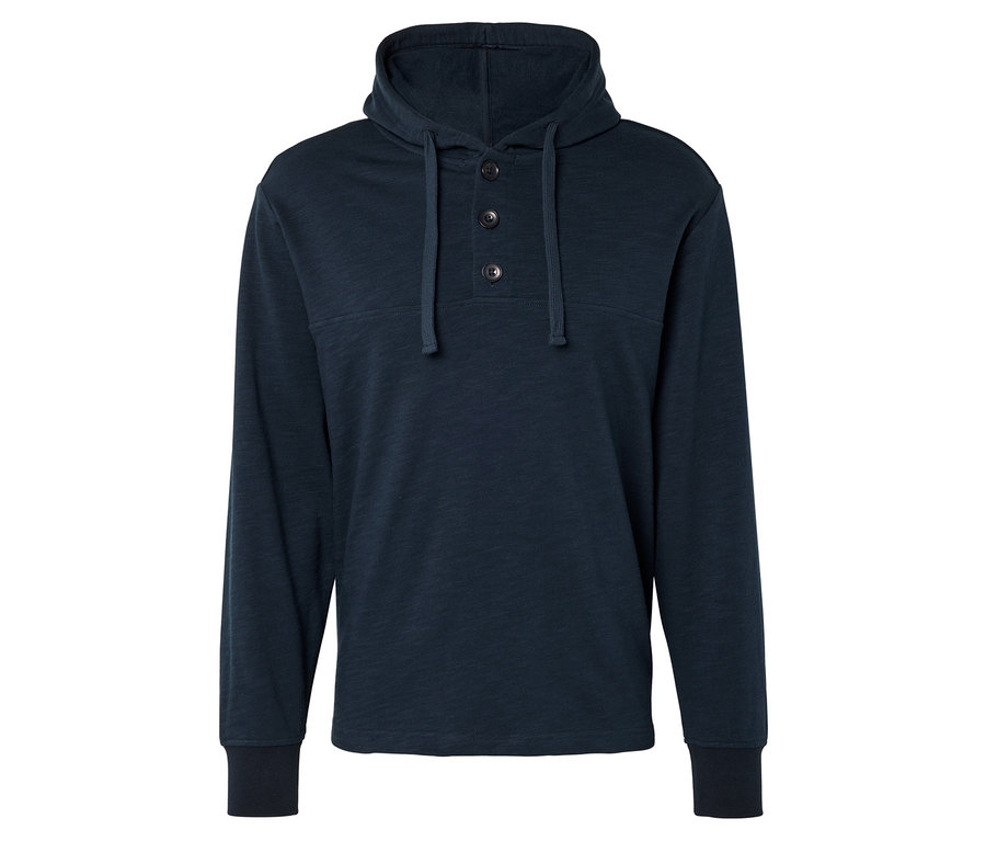Dunkelblaues Kapuzensweatshirt mit drei Knöpfen auf weißem Hintergrund.