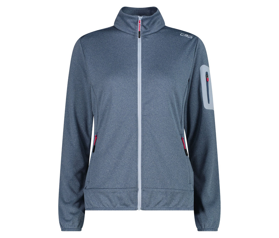 Graue CMP-Fleecejacke mit durchgehendem Reißverschluss vorne und rotem Akzent an den Taschen.