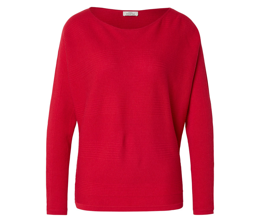 Ein roter, gerippter Pullover mit langen Ärmeln liegt auf einem weißen Hintergrund.