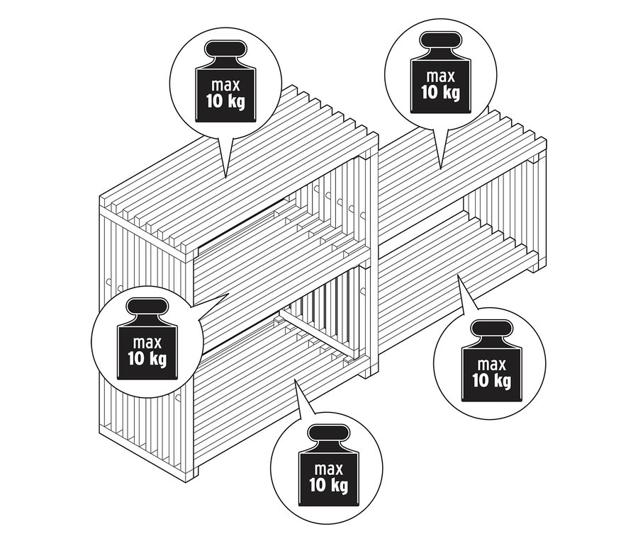 Draufsicht eines ausziehbaren Stufenregals mit Hinweisen zum maximalen Gewicht von 10 kg.