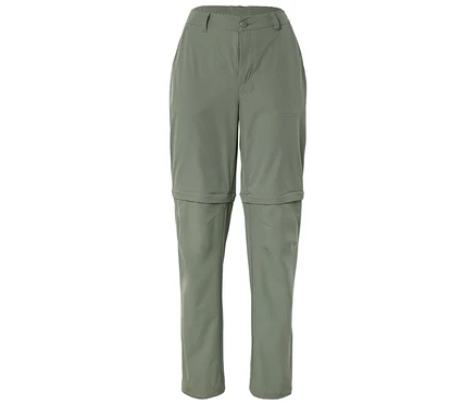 Olivgrüne, lange Hose mit abnehmbaren Hosenbeinen, freigestellt vor einem weißen Hintergrund.