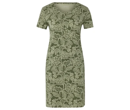 Ein grünes Kleid mit einem weißen Blumenmuster.