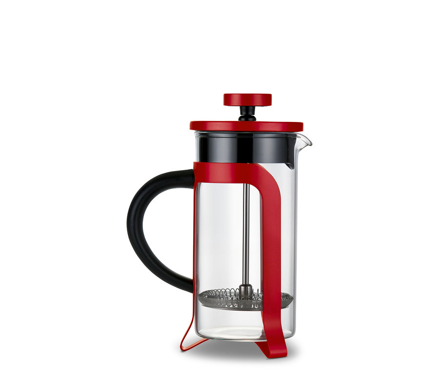 Eine rote Siebstempelkanne 300 ml für 2 Tassen.