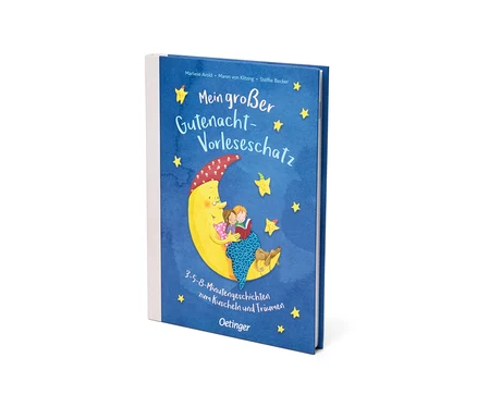 Blaues Buch mit dem Titel „Mein großer Gutenacht-Vorleseschatz“. Das Cover zeigt zwei Kinder, die auf einem gelben Halbmond sitzen und ein Buch lesen, umgeben von gelben Sternen.