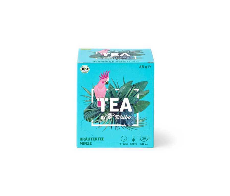 Packung TEA by Tchibo Bio Kräutertee Minze - 8x 20 Teebeutel, türkis Box mit Kakadu-Papagei und TEA Schriftzug.