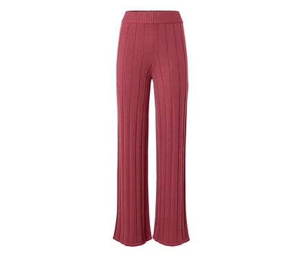 Rostrote, gerippte Strickhose mit weitem Bein und elastischem Bund.