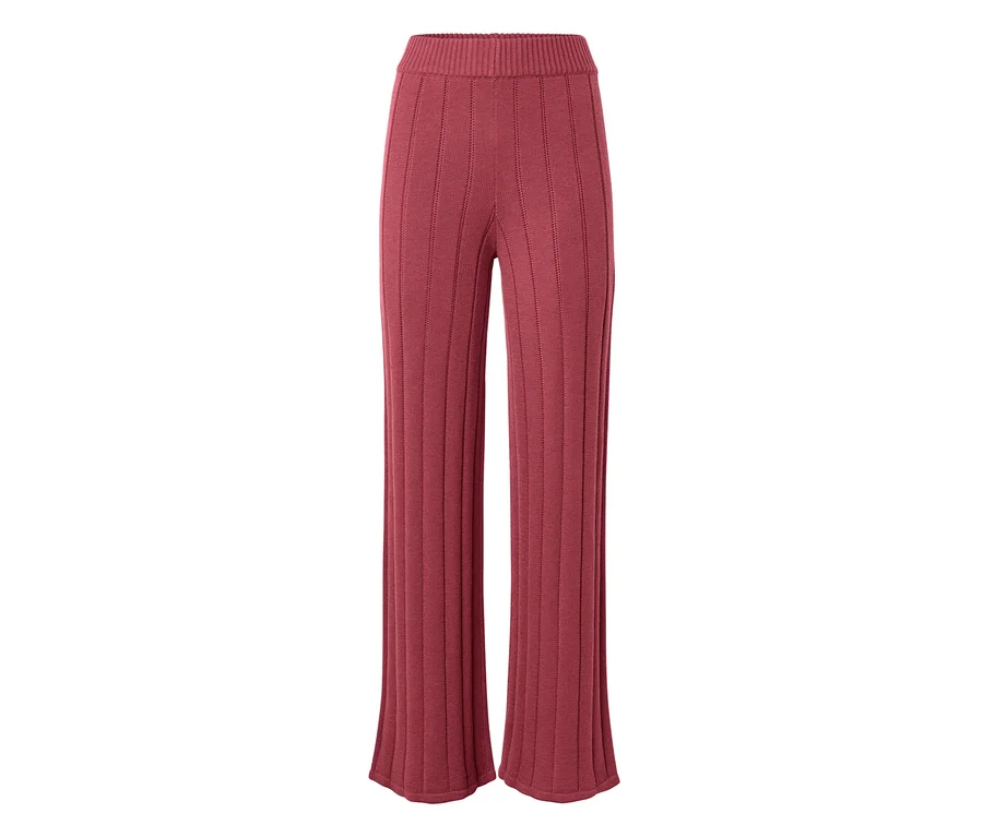 Rostrote, gerippte Strickhose mit weitem Bein und elastischem Bund.