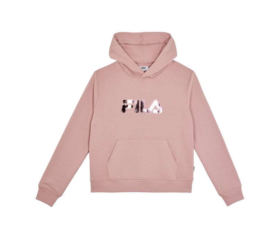 FILA Damen-Hoodie in Rosa mit glitzerndem FILA-Logo auf der Brust und Kängurutasche.