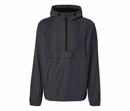 Dunkle, reflektierende Kapuzenjacke mit halbem Reißverschluss und großer Vordertasche.