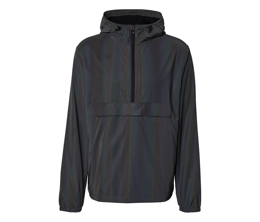 Dunkle, reflektierende Kapuzenjacke mit halbem Reißverschluss und großer Vordertasche.