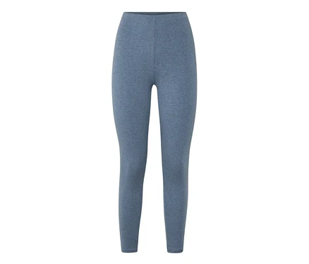 Blaue, melierte Leggings mit hohem Bund, flach liegend vor weißem Hintergrund.