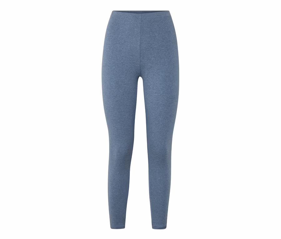 Blaue, melierte Leggings mit hohem Bund, flach liegend vor weißem Hintergrund.