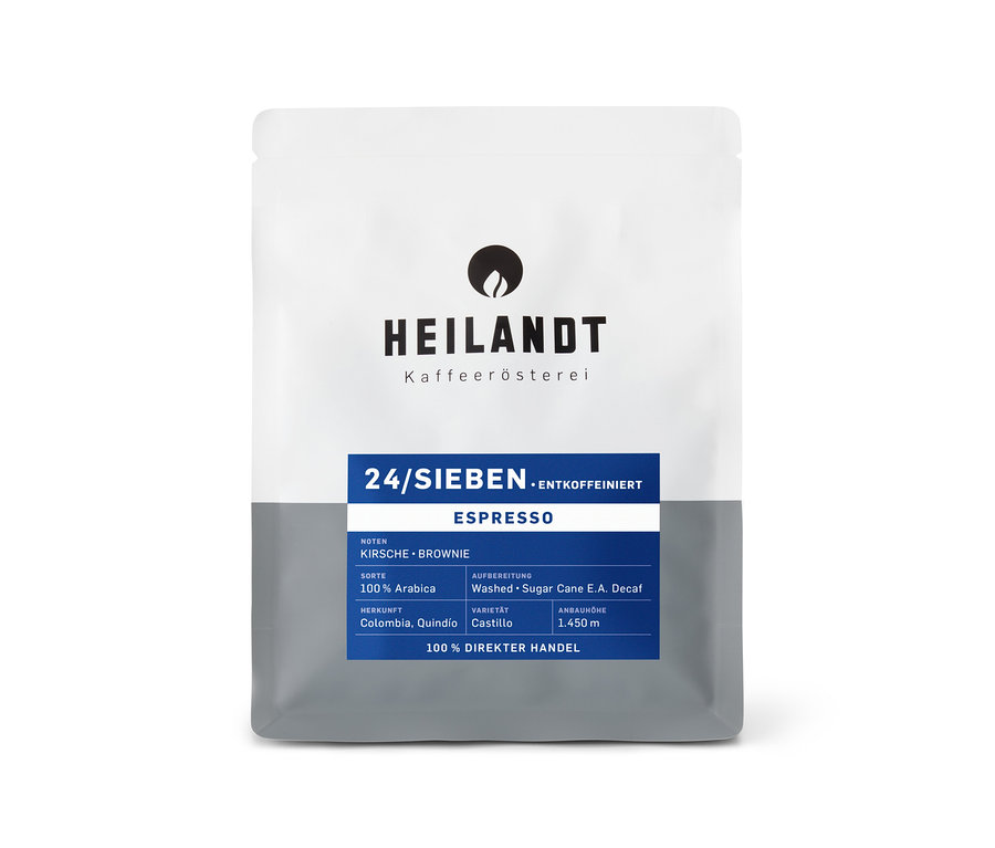 Weiß-graue Kaffeepackung von Heilandt Kaffeerösterei, 24/Sieben entkoffeinierter Espresso mit Noten von Kirsche und Brownie, 100% Arabica aus Kolumbien.