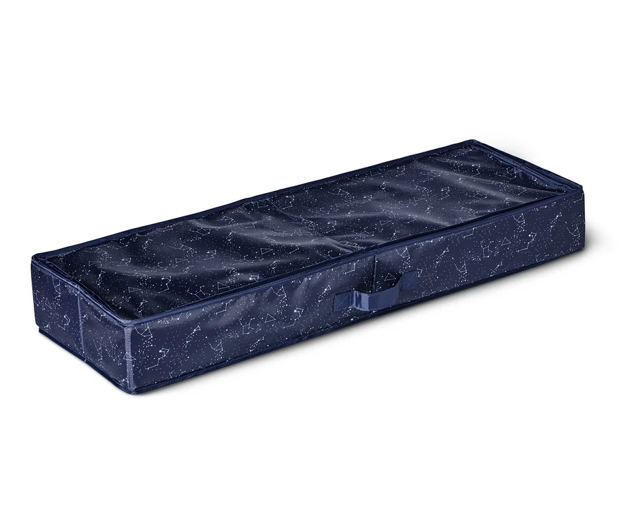 Blauer Geschenkpapier-Organizer mit weißem Sternbild-Muster liegt auf einem weißen Hintergrund.