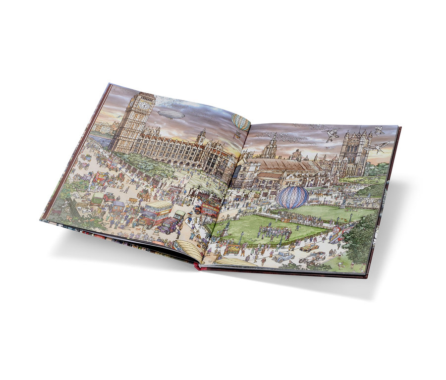 Aufgeschlagenes Buch »Micro Crimes – das Krimi-Suchbuch« mit Illustration einer Stadtansicht mit vielen Menschen, Autos und Gebäuden.