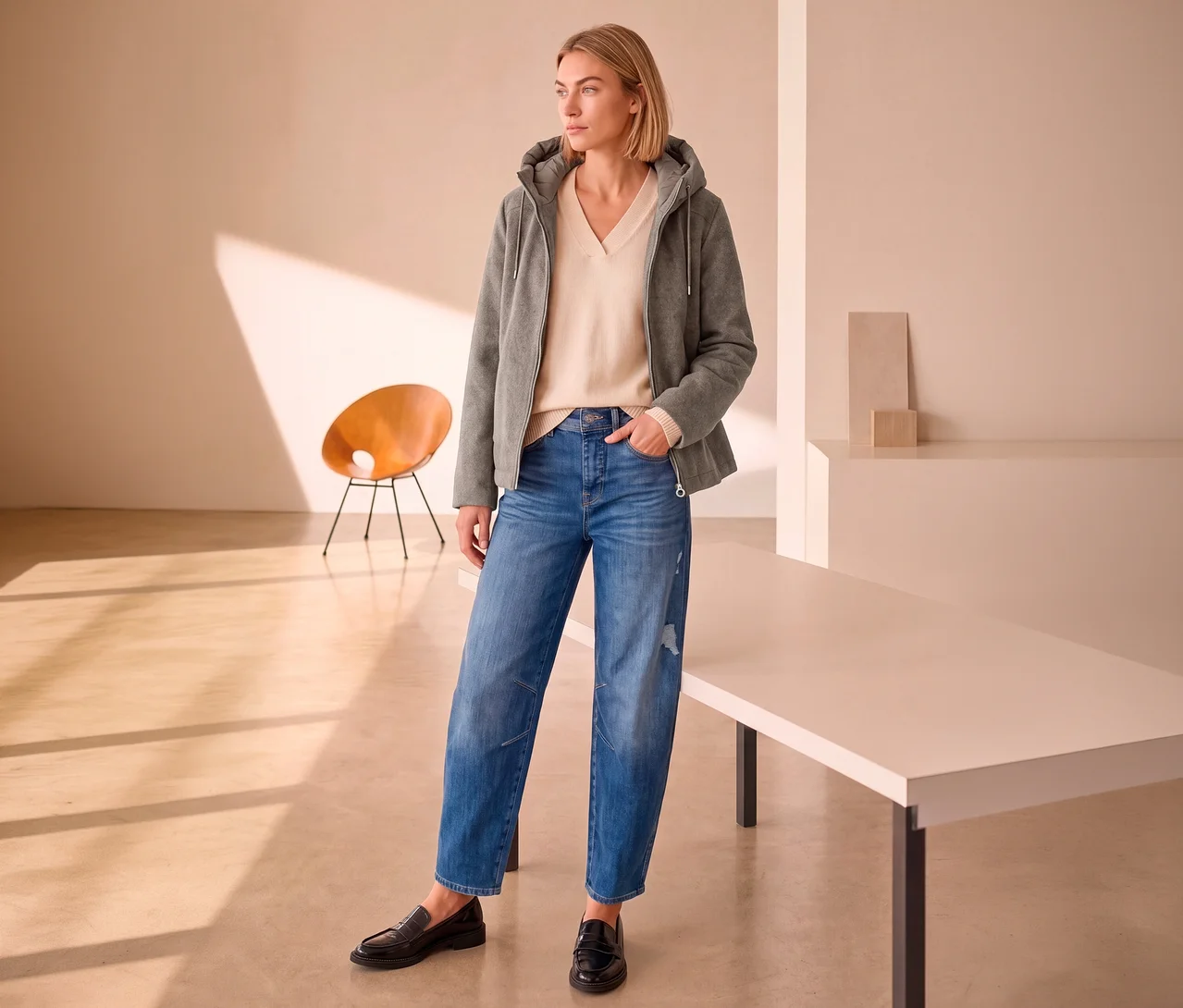 Eine Frau mit blonden Haaren trägt eine graue Street One Übergangsjacke, einen beigen V-Pullover, blaue Jeans und schwarze Loafer.