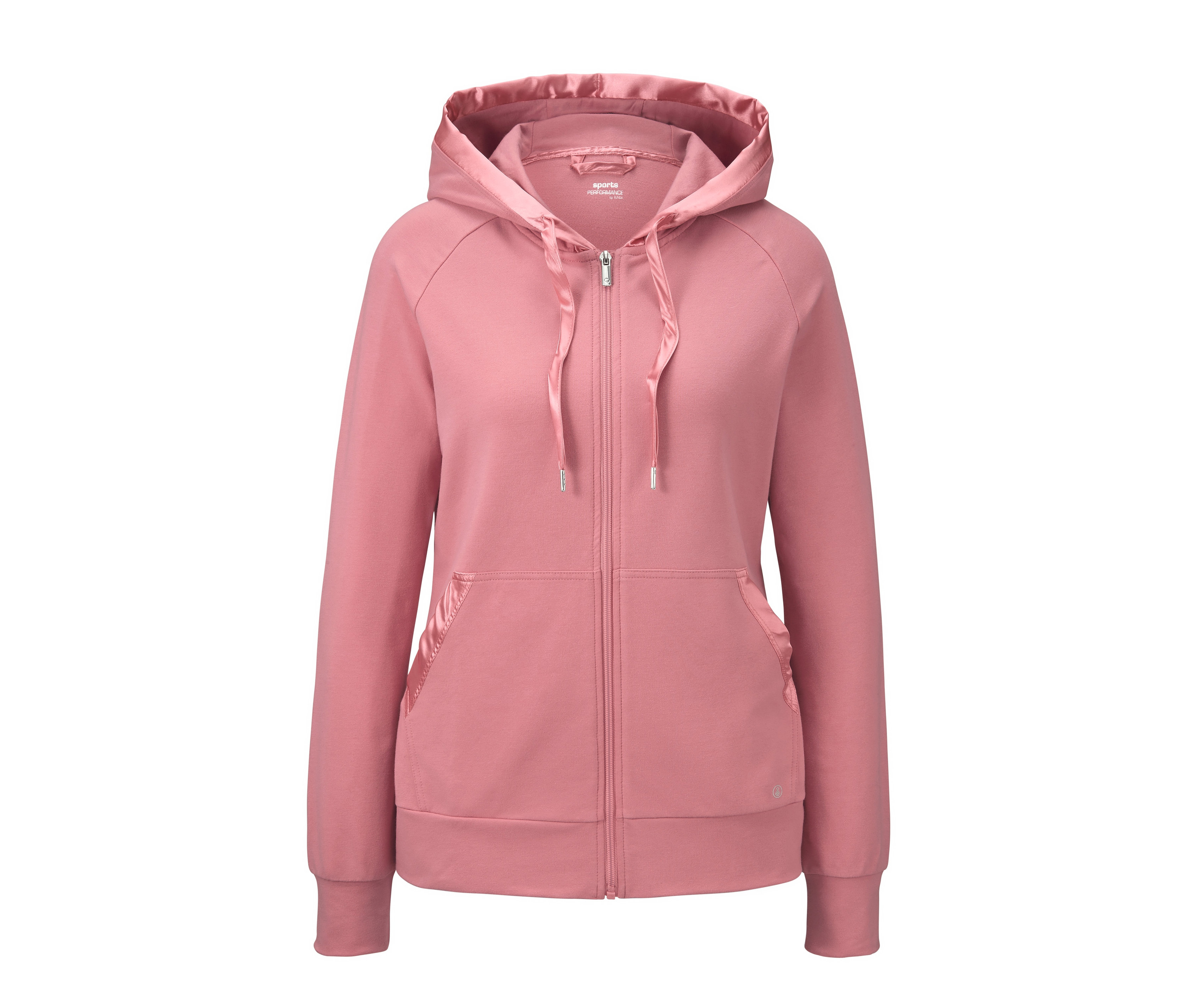 Rosa Sweatjacke mit Kapuze und Reißverschluss vorne.