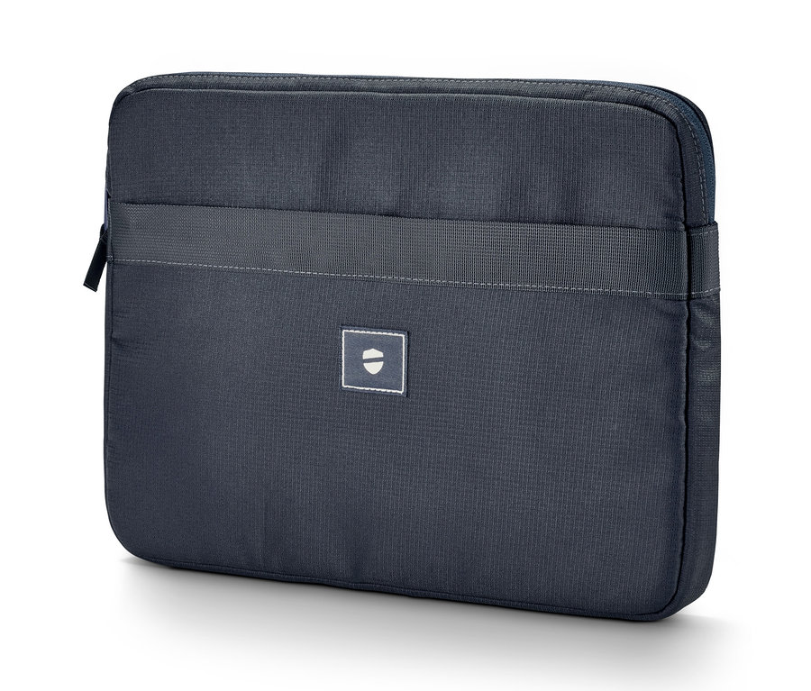 Eine dunkelblaue Laptoptasche.