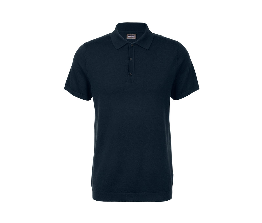 Dunkelblaues Merino-Poloshirt mit kurzen Ärmeln und Knopfleiste.