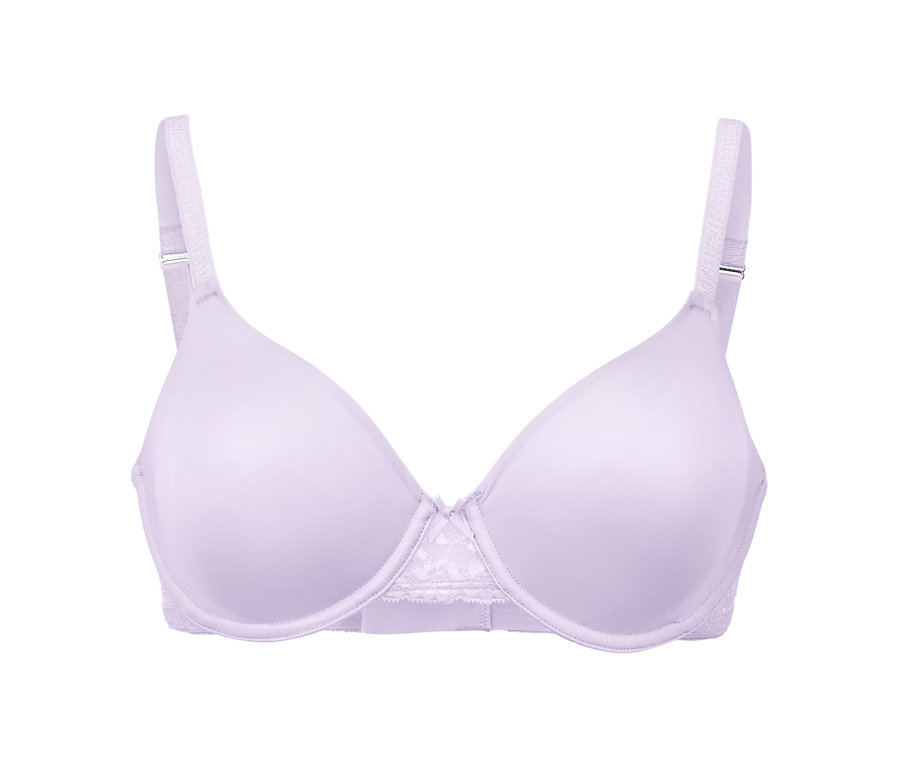 Detailaufnahme eines fliederfarbenen Bügel-BHs mit Spitze in der Mitte und verstellbaren Trägern.