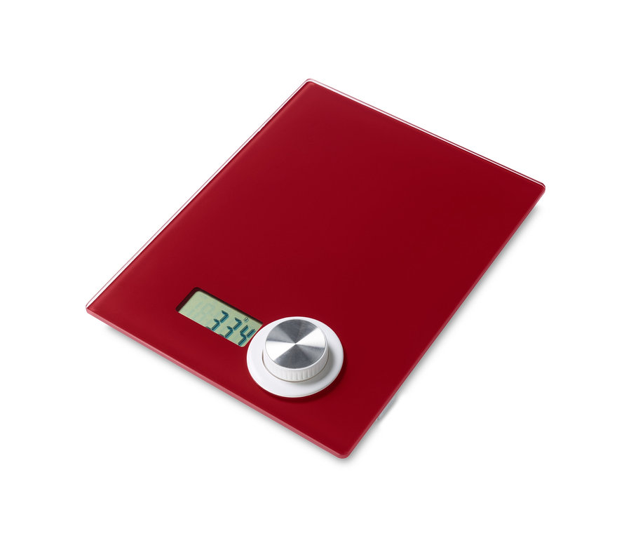 Eine rote digitale Küchenwaage zeigt 334 g an.