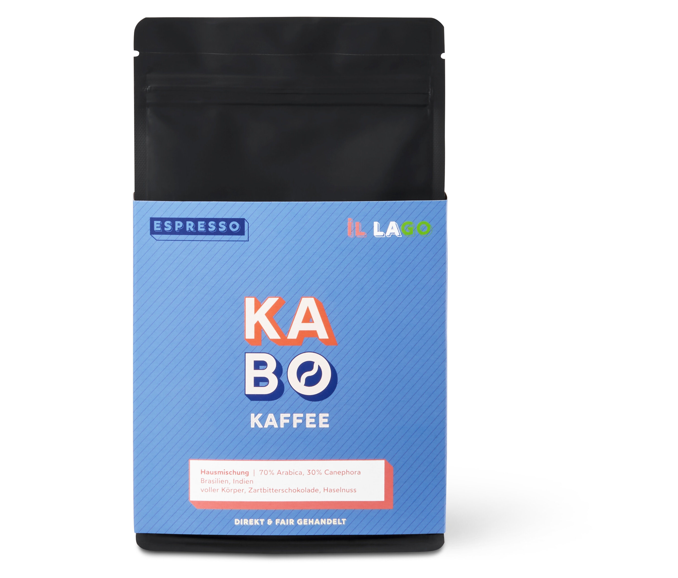 Eine blaue KABO - il Lago Espresso - 250 g Ganze Bohne Packung.
