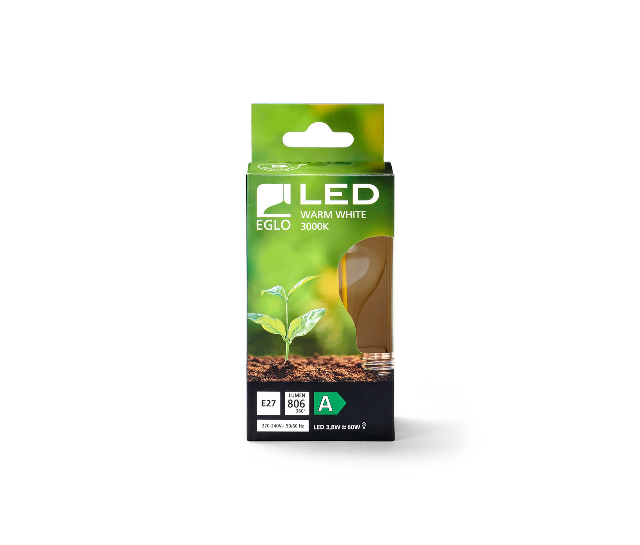 Verpackung eines LED-Leuchtmittels E27.
