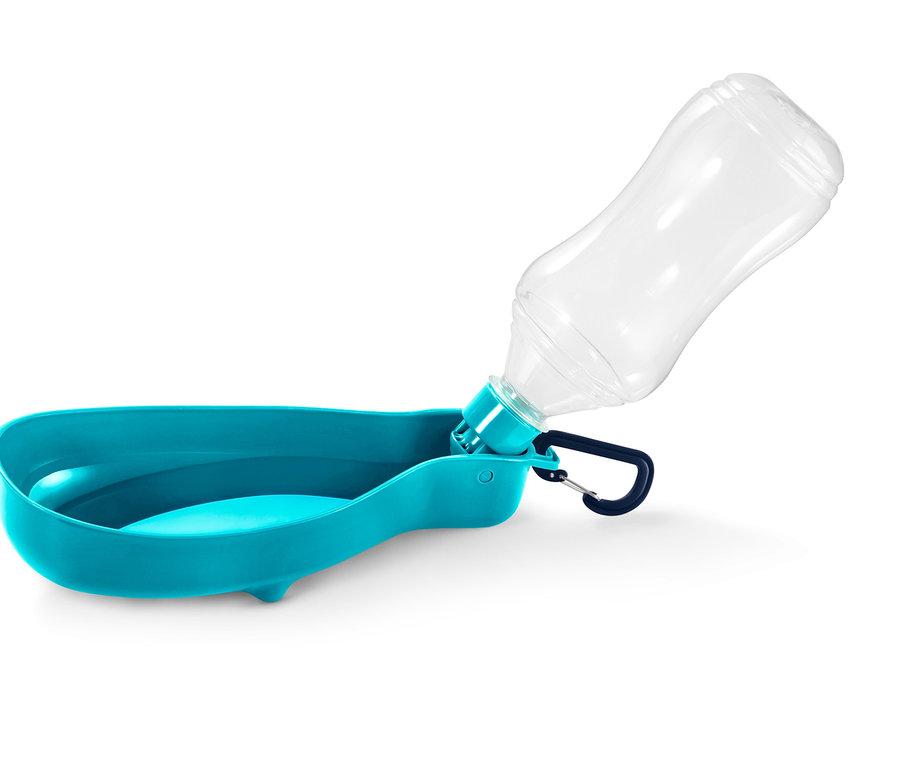Türkisblaue Hunde-Trinkflasche mit integrierter Trinkschale.