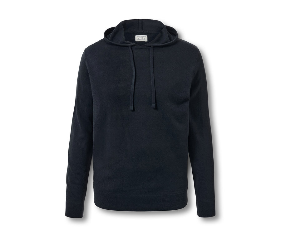 Dunkelblauer Strick-Hoodie.