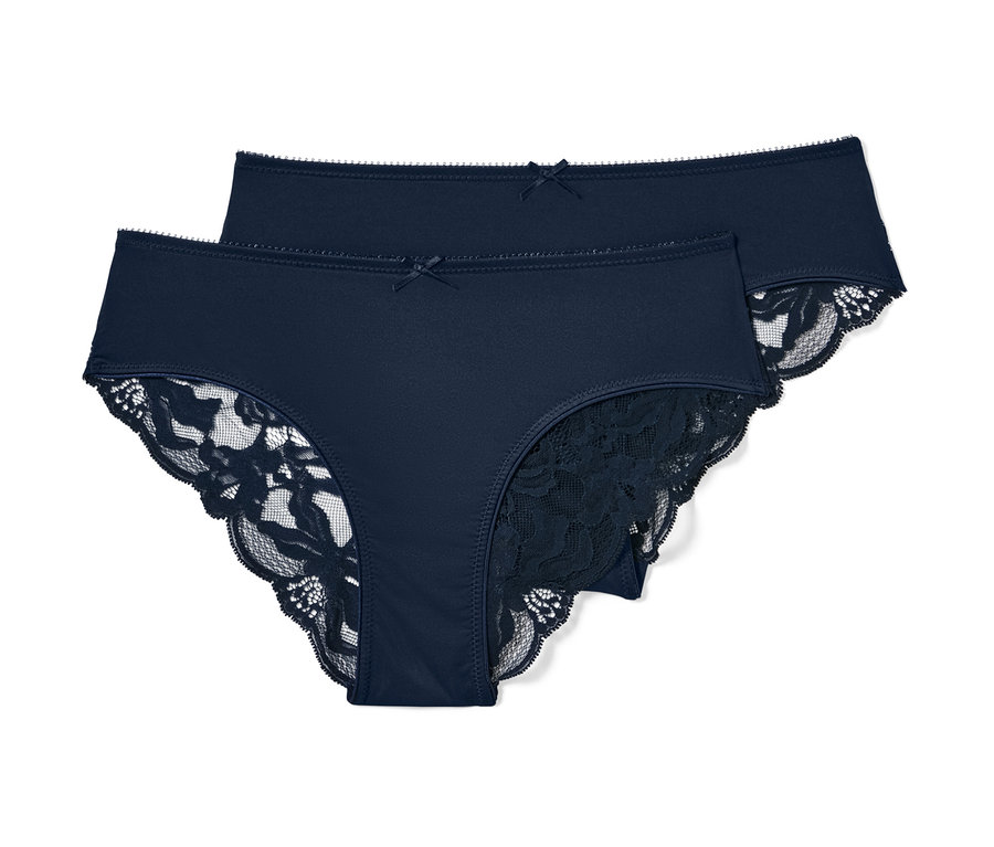 Zwei blaue Brazilslips mit Spitze.